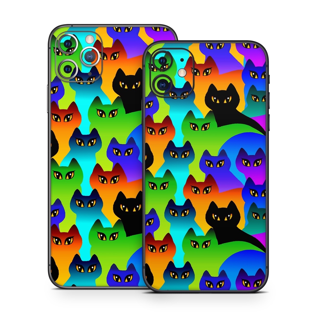 iPhone 11 Series Skin design of Black cat, Purple, Cat, Small to medium-sized cats, Pattern, Design, Felidae, Illustration, Art, with black, blue, green, purple colors