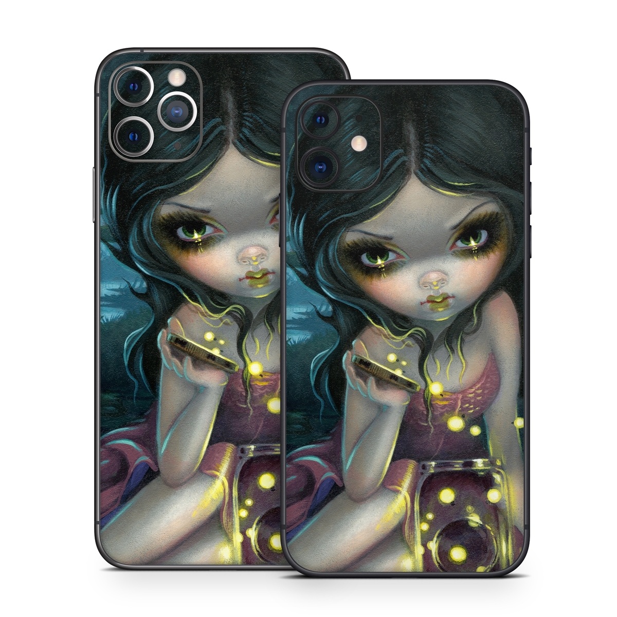 iPhone 11 Series Skin design of Cg artwork, Illustration, Fictional character, Art, Iris, Black hair, Fawn, Mythology, Fiction, with blue, green, pink, yellow, black, white colors