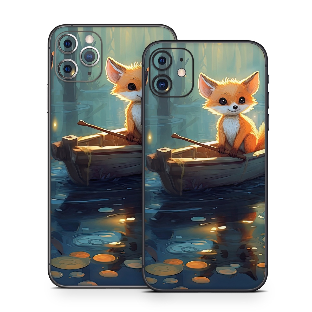 iPhone 11 Series Skin design of Water, Boat, Light, Nature, Organism, Orange, Cartoon, Watercraft, Art, Plant, with blue, yellow, orange, white, black, gray, green, brown colors