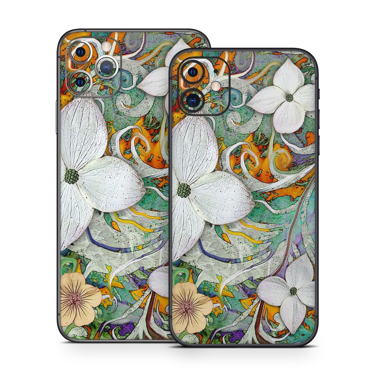 iPhone 11 Series Skin design of Flower, Pattern, Plant, Wildflower, Floral design, Petal, Art, Painting, Visual arts, Wallpaper, with gray, black, green, blue, red colors