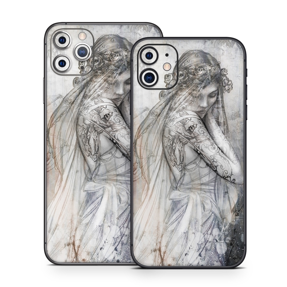 iPhone 11 Series Skin design of Lady, Art, Illustration, Drawing, Painting, Sketch, Mythology, Figure drawing, Long hair, Visual arts, with white, gray, black colors