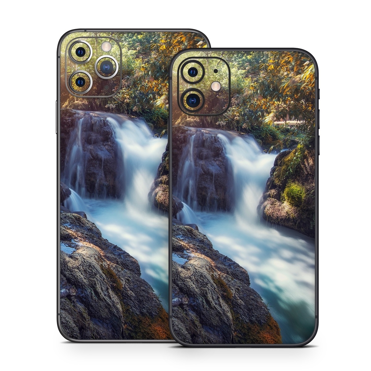 iPhone 11 Series Skin design of Waterfall, Natural landscape, Body of water, Nature, Water resources, Water, Watercourse, Stream, Nature reserve, Rock, with gray, yellow, orange, green, white, blue colors