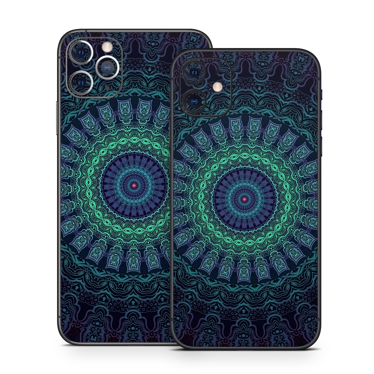 iPhone 11 Series Skin design of Colorfulness, Blue, Green, Pattern, Teal, Turquoise, Art, Electric Blue, Aqua, Circle, Majorelle Blue, Visual Arts, Fractal Art, Design, Symmetry, Psychedelic Art, Graphics, Kaleidoscope, Motif, with black, green, red colors