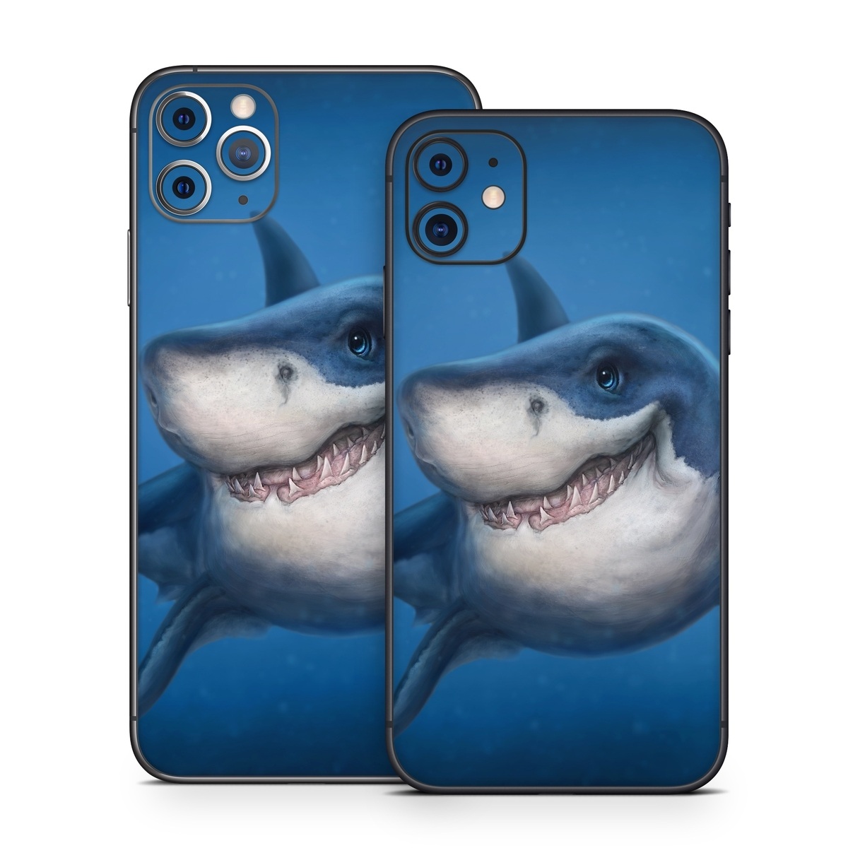 iPhone 11 Series Skin design of Fish, Great white shark, Shark, Tiger shark, Cartilaginous fish, Requiem shark, Lamniformes, Bull shark, Carcharhiniformes, with black, blue, gray colors