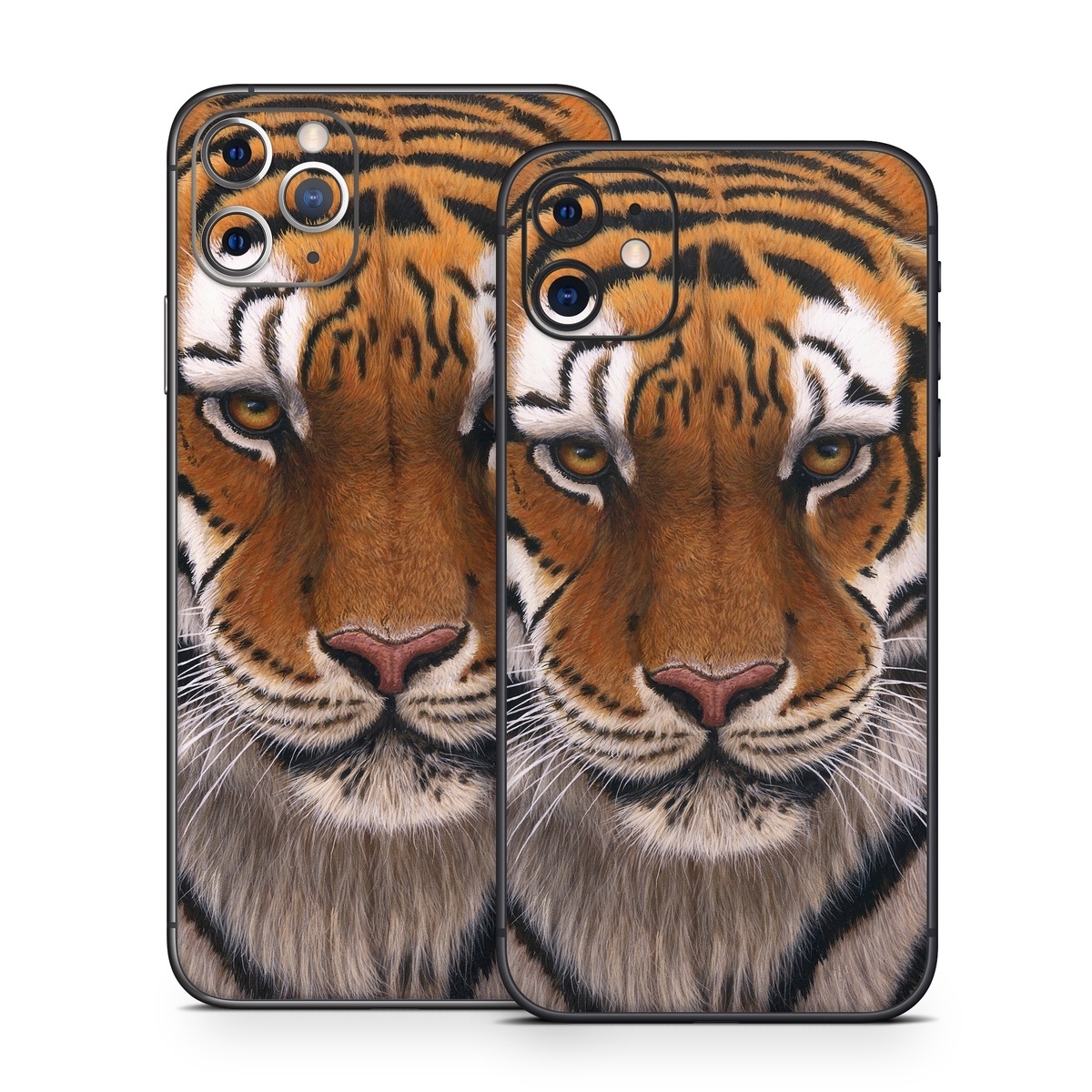 iPhone 11 Series Skin design of Tiger, Mammal, Wildlife, Terrestrial animal, Vertebrate, Bengal tiger, Whiskers, Siberian tiger, Felidae, Snout, with black, gray, red, green, pink colors