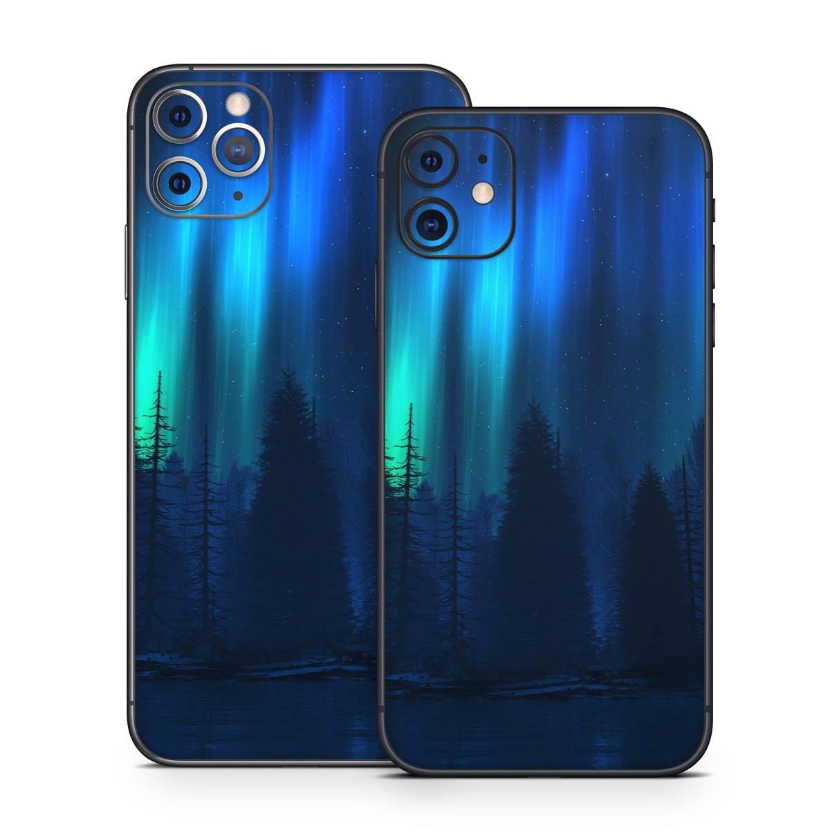 iPhone 11 Series Skin design of Blue, Light, Natural environment, Tree, Sky, Forest, Darkness, Aurora, Night, Electric blue, with black, blue colors
