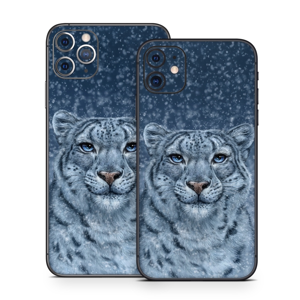 iPhone 11 Series Skin design of Snow, Carnivore, Felidae, Whiskers, Terrestrial animal, Snout, Big cats, Painting, Fur, Illustration, with white, black, blue, gray colors
