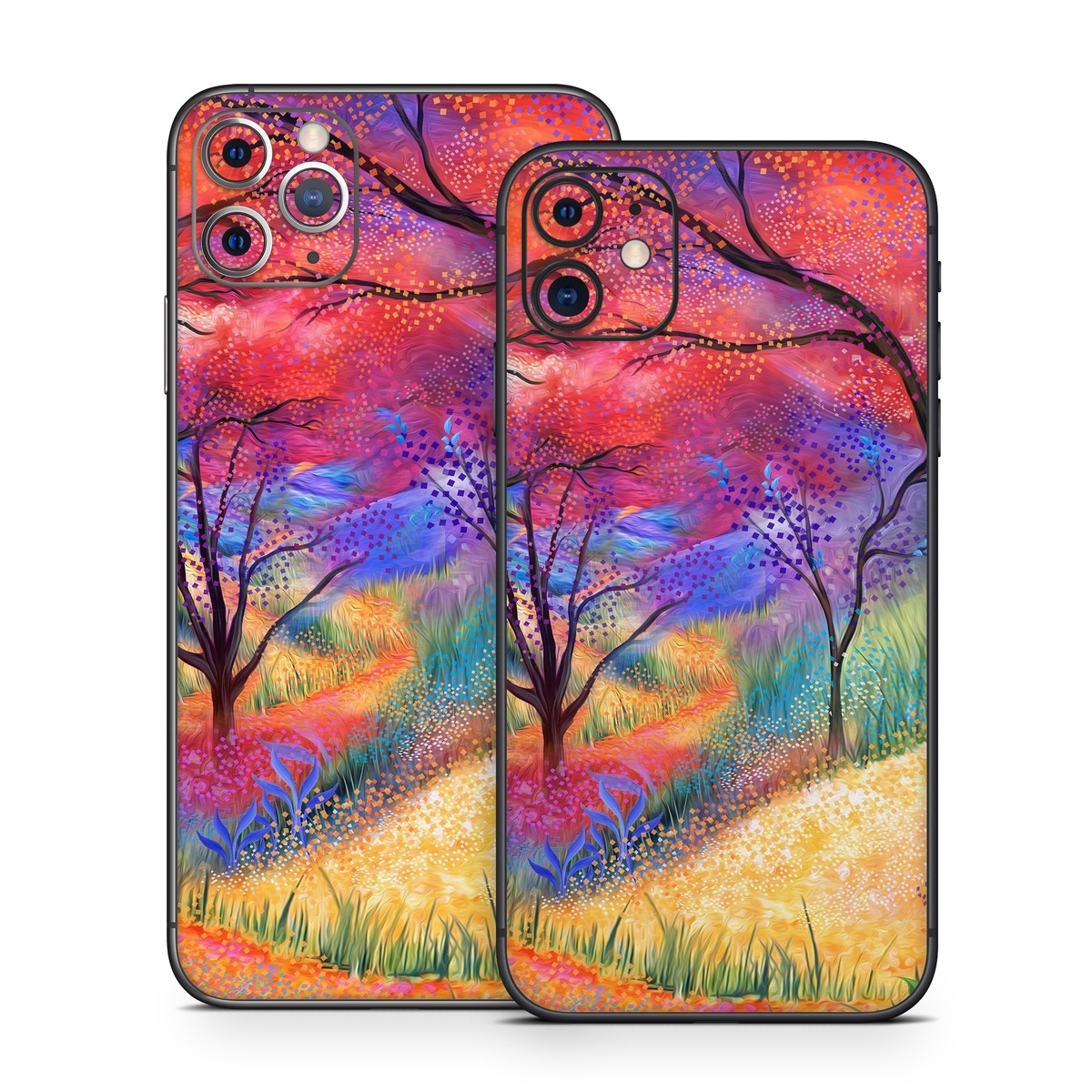 iPhone 11 Series Skin design of Plant, Art paint, Paint, Botany, Natural environment, Natural landscape, Leaf, Branch, People in nature, Tree, with red, blue, yellow, green, purple, orange, black, white colors