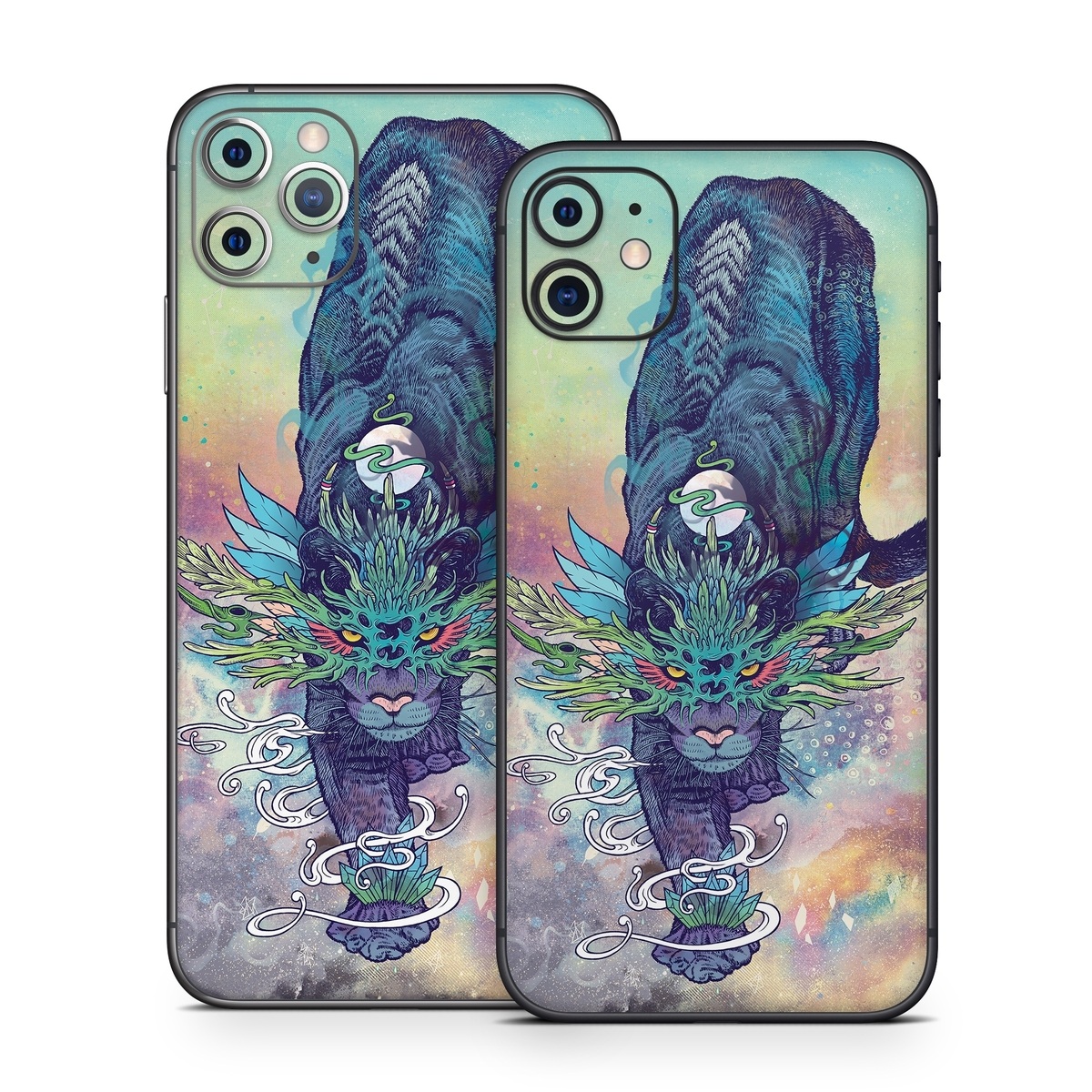iPhone 11 Series Skin design of Illustration, Fictional character, Graphic design, Demon, Art, Fiction, Cg artwork, Supernatural creature, with blue, green, black, white, yellow, orange, pink, purple colors