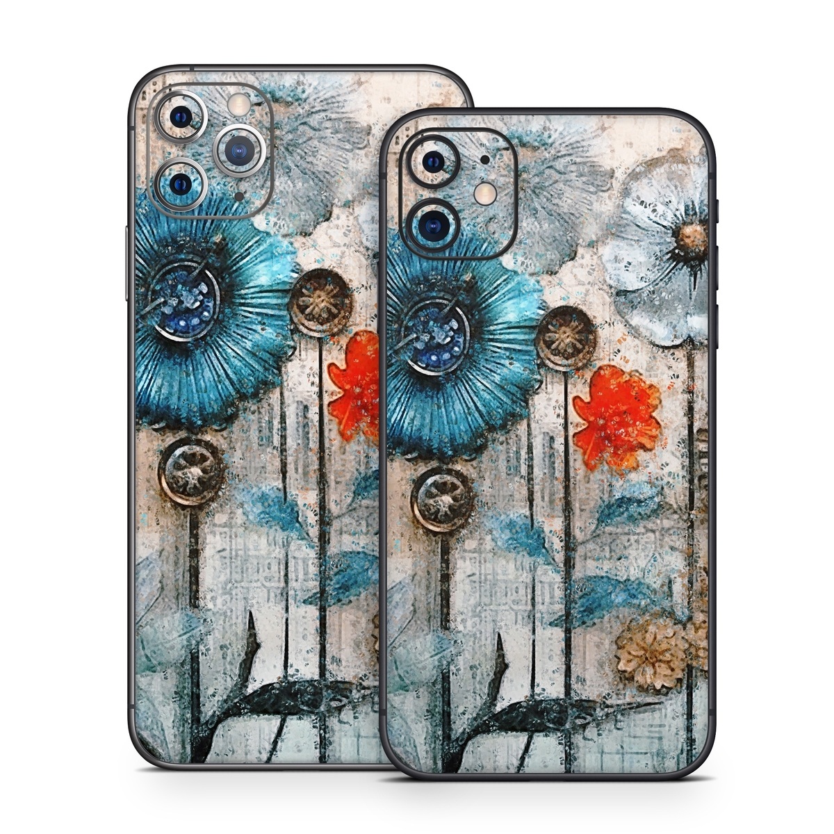 iPhone 11 Series Skin design of Plant, Blue, Petal, Textile, Paint, Flower, Art, Creative arts, Pattern, Rectangle, with white, brown, black, yellow, blue, red, gray colors