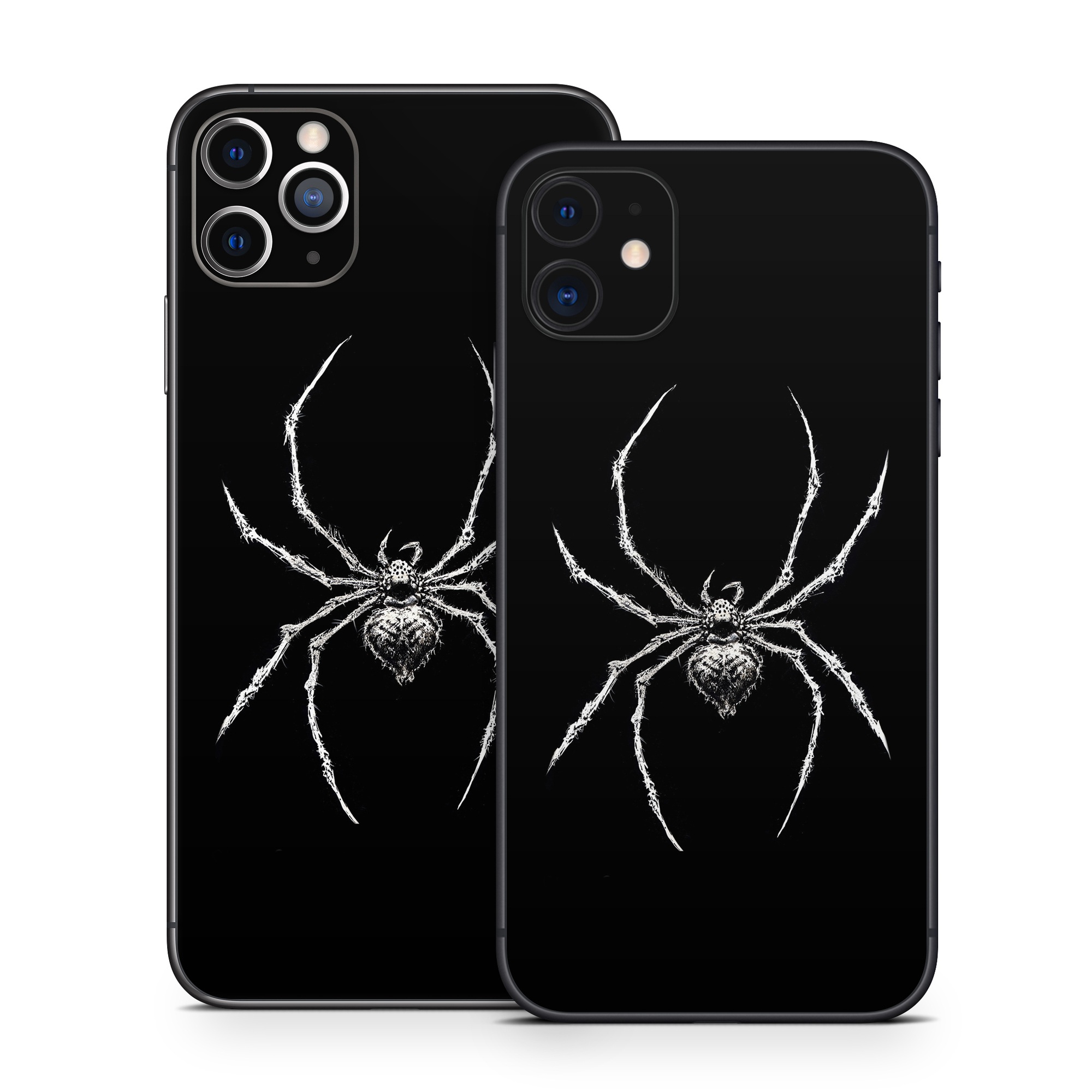 iPhone 11 Series Skin design of Arthropod, Spider, Insect, Spider web, Terrestrial animal, Arachnid, Invertebrate, Tangle-web spider, Symmetry, Terrestrial plant, with black, white, gray colors