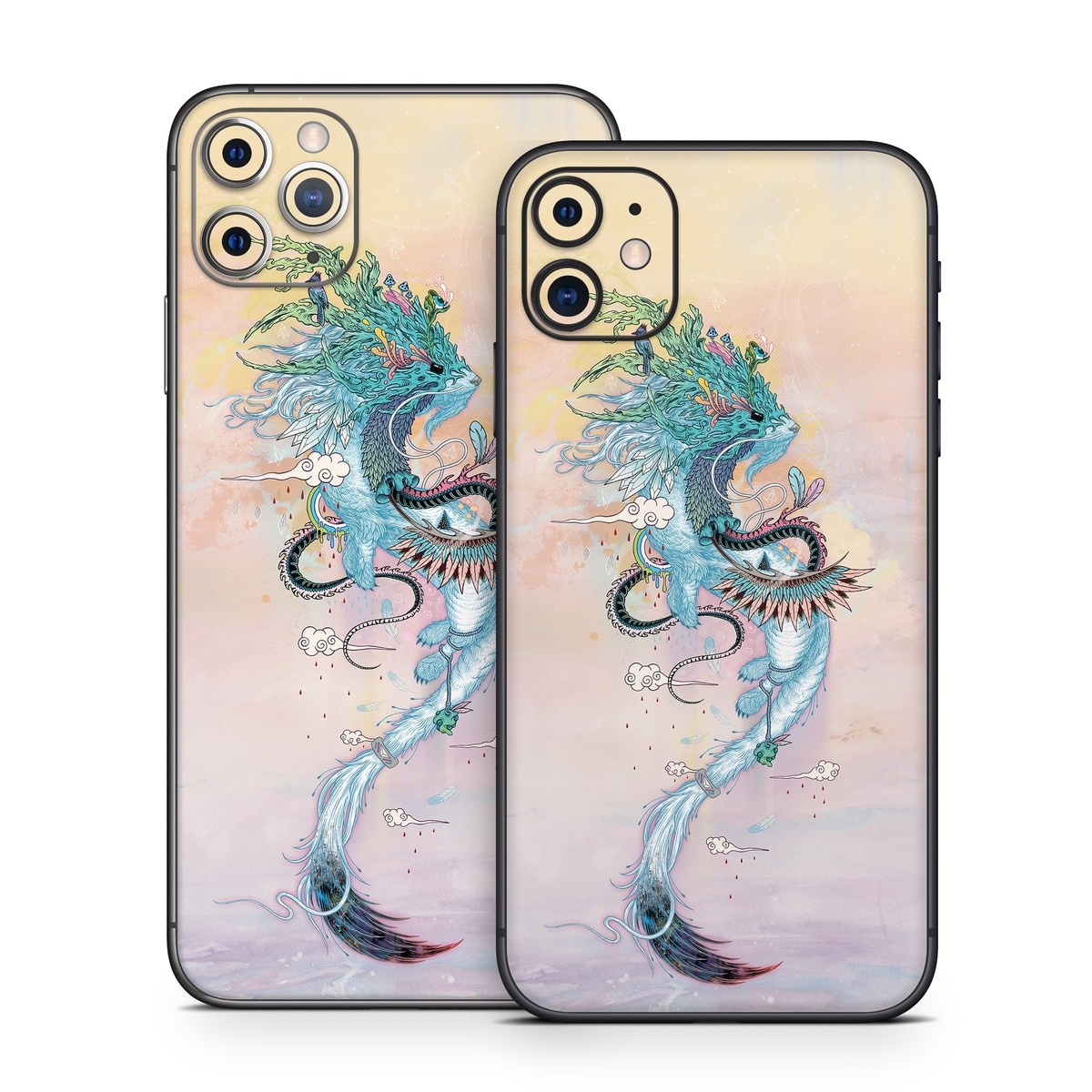 iPhone 11 Series Skin design of Illustration, Water, Watercolor paint, Art, Fictional character, Graphic design, Mythology, Visual arts, Painting, Drawing, with yellow, pink, blue, green colors