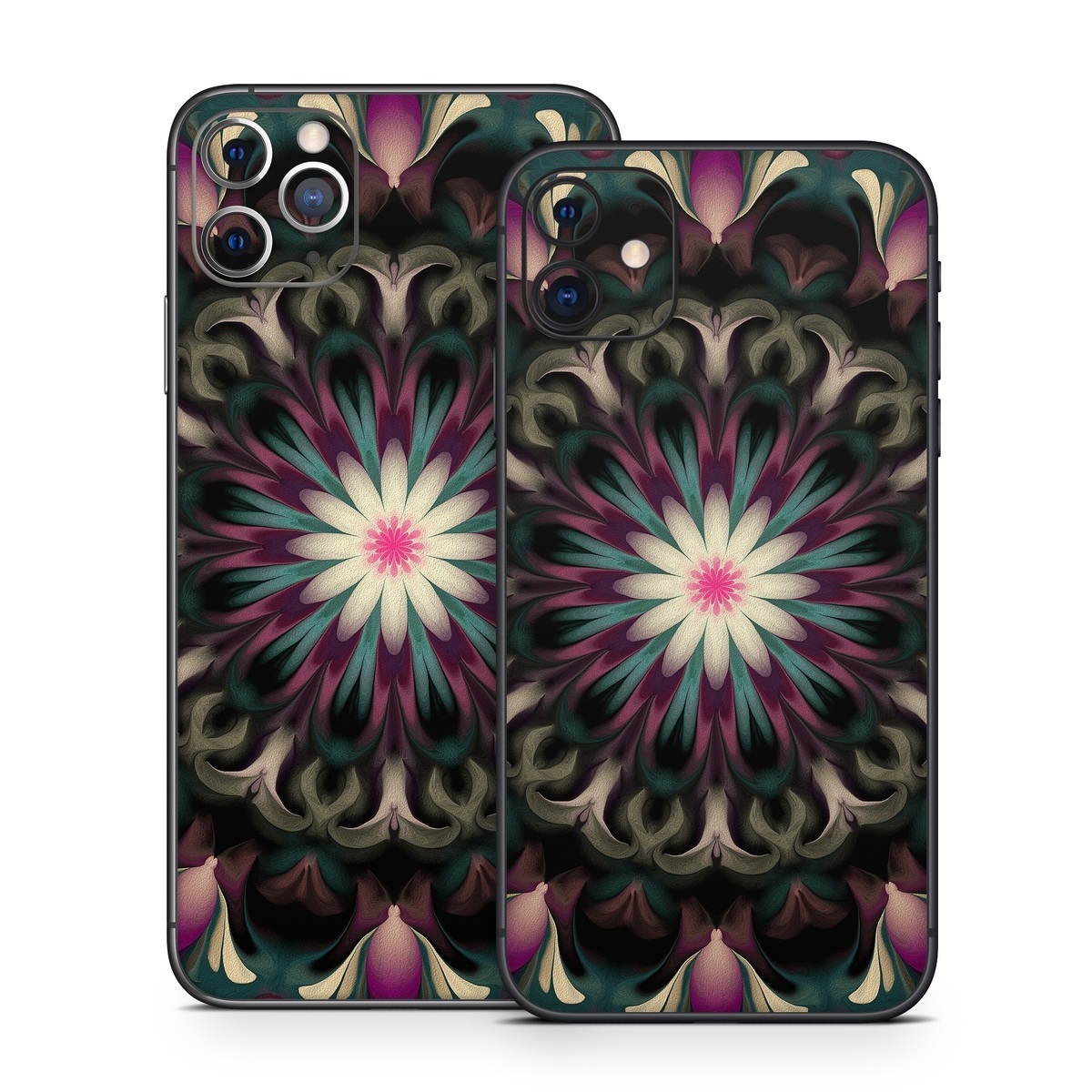 iPhone 11 Series Skin design of Fractal art, Pattern, Pink, Psychedelic art, Art, Kaleidoscope, Design, Symmetry, Visual arts, Textile, with black, purple, white, green, blue colors