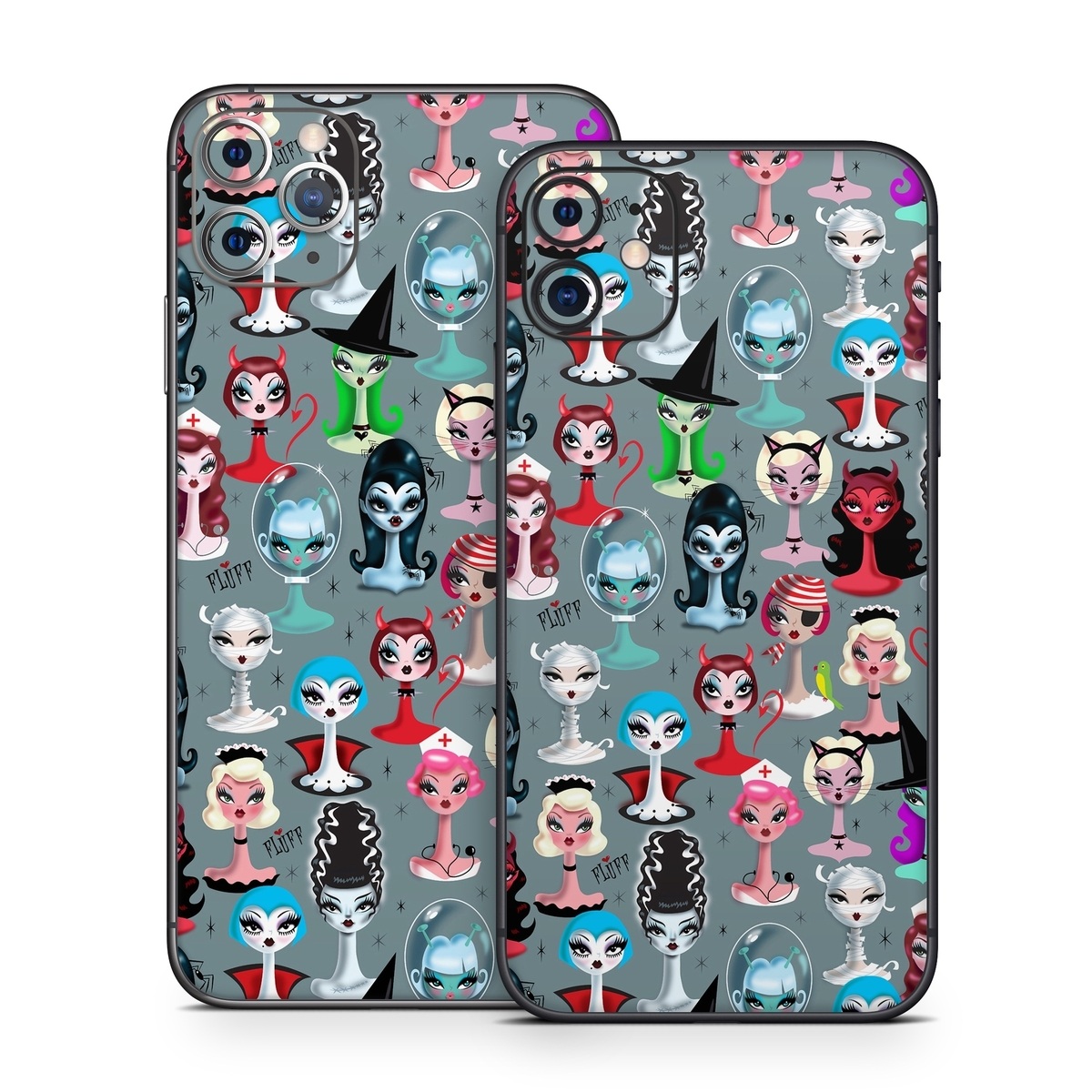 iPhone 11 Series Skin design of Facial expression, Head, Design, Collection, Fictional character, Pattern, Skull, Illustration, Collage, Style, with gray, white, red, blue, green, black, pink, purple colors