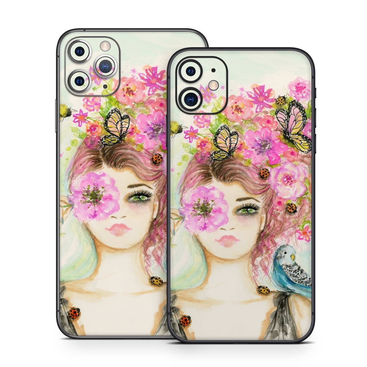iPhone 11 Series Skin design of Pink, Illustration, Fashion illustration, Watercolor paint, Fictional character, Dress, Hair accessory, Wildflower, Costume, Plant, with blue, pink, yellow, orange, purple, brown, green colors
