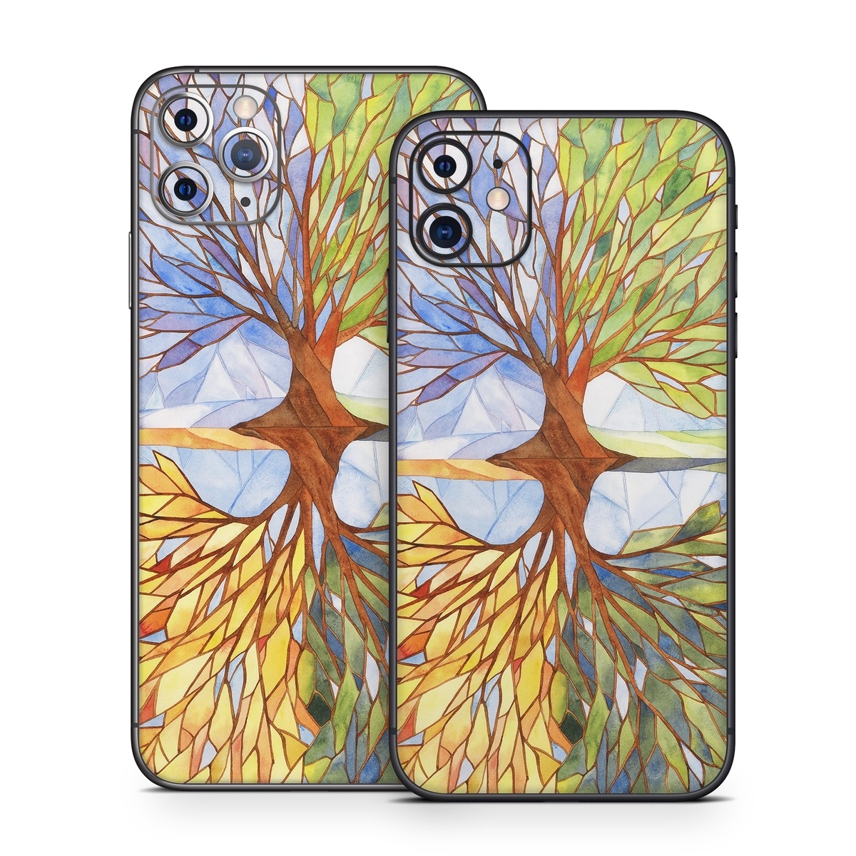 iPhone 11 Series Skin design of Leaf, Tree, Botany, Plant, Symmetry, Art, Pattern, Painting, Plant stem, Plane, with blue, brown, orange, yellow, red, purple colors