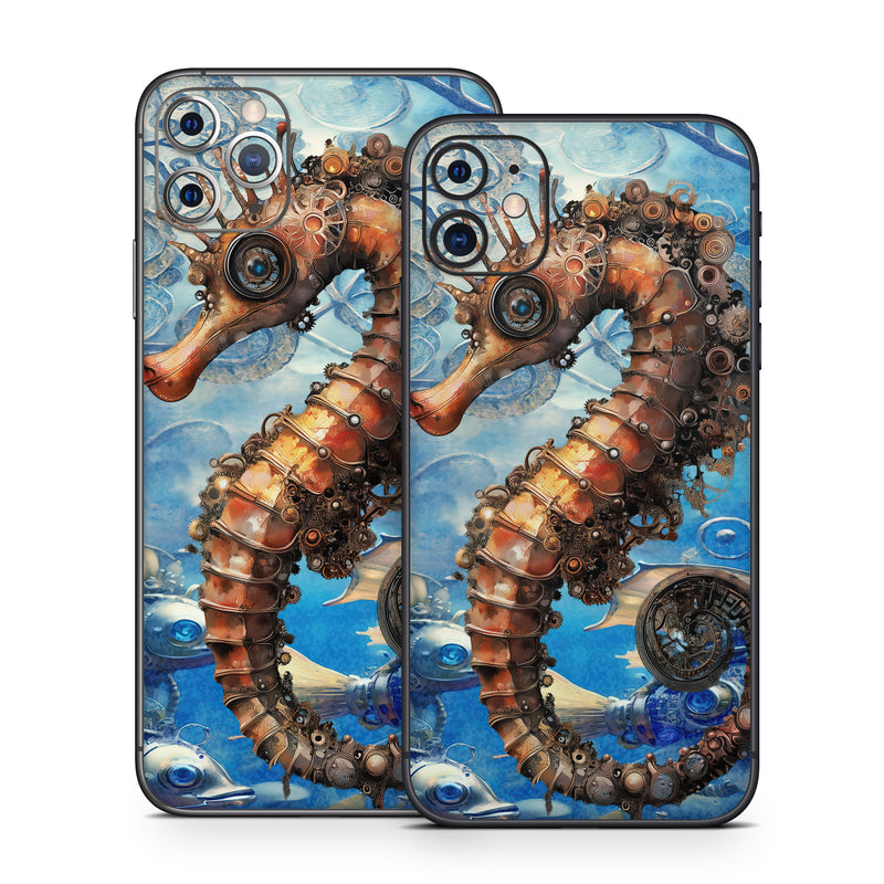 iPhone 11 Series Skin design of Pipefishes and allies, Northern seahorse, Fish, Marine biology, Marine invertebrates, Watercolor painting, Art Paint, Ray-finned fishes, Paint, Modern art, with blue, orange, yellow, gray, white, black, red colors