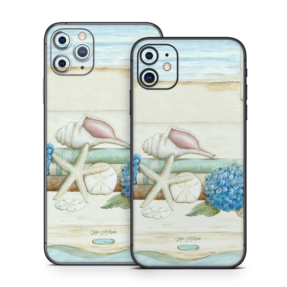 iPhone 11 Series Skin design of Starfish, Shell, Hydrangea, Plant, Flower, Still life, Echinoderm, Cornales, with gray, green, blue, yellow colors