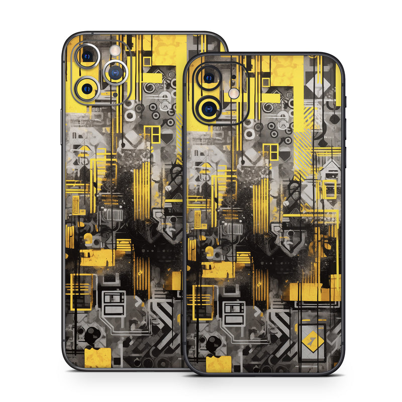 iPhone 11 Series Skin design of Rectangle, Yellow, Font, Art, City, Engineering, Tints and shades, Pattern, Symmetry, Space, with black, white, gray, yellow colors