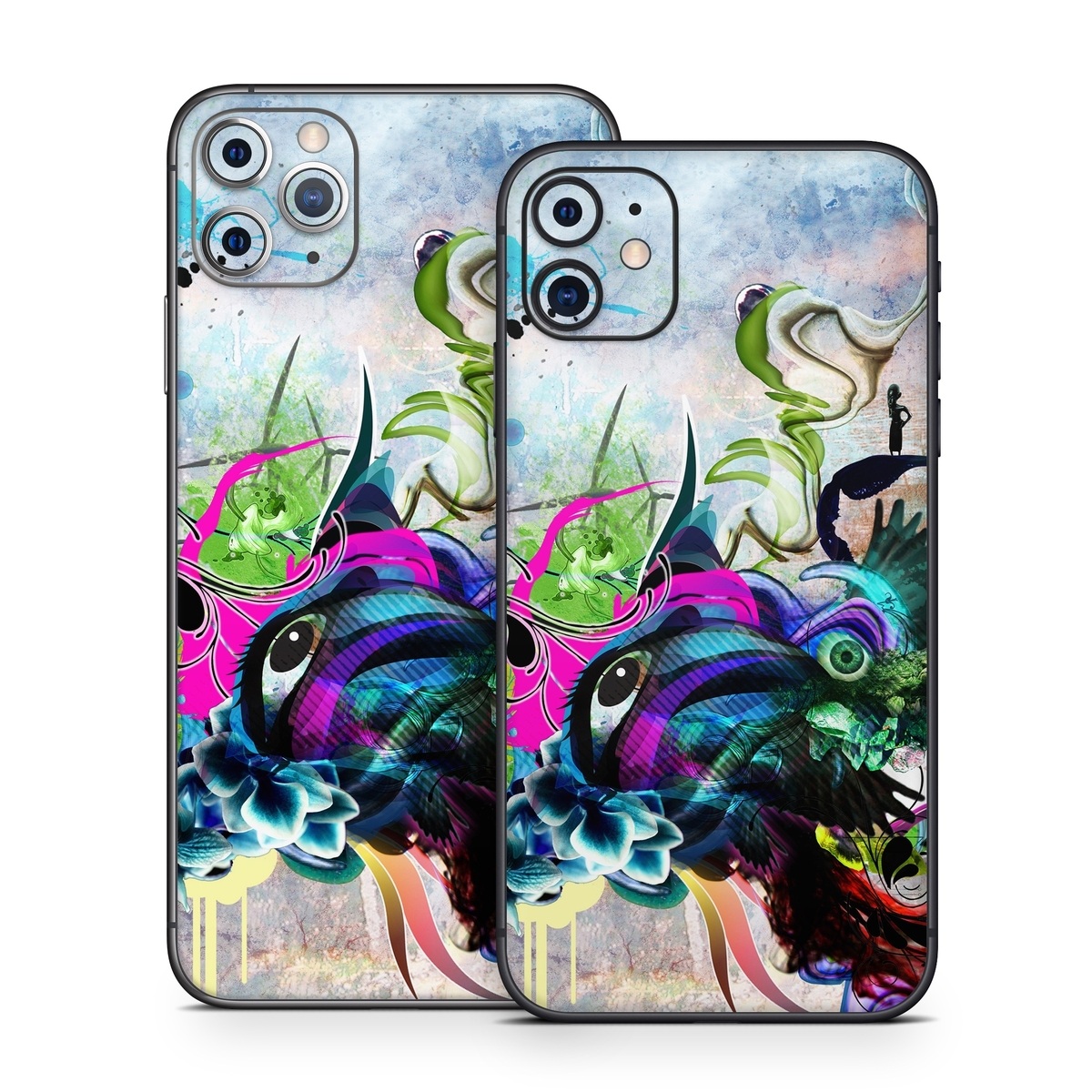iPhone 11 Series Skin design of Graphic design, Psychedelic art, Art, Illustration, Purple, Visual arts, Graffiti, Street art, Design, Painting, with gray, black, blue, green, purple colors