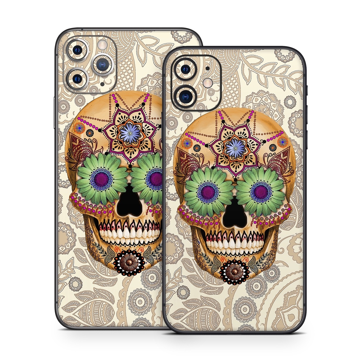 iPhone 11 Series Skin design of Skull, Bone, Pattern, Design, Illustration, Visual arts, Fashion accessory, Art, with gray, yellow, green, black, red, pink colors