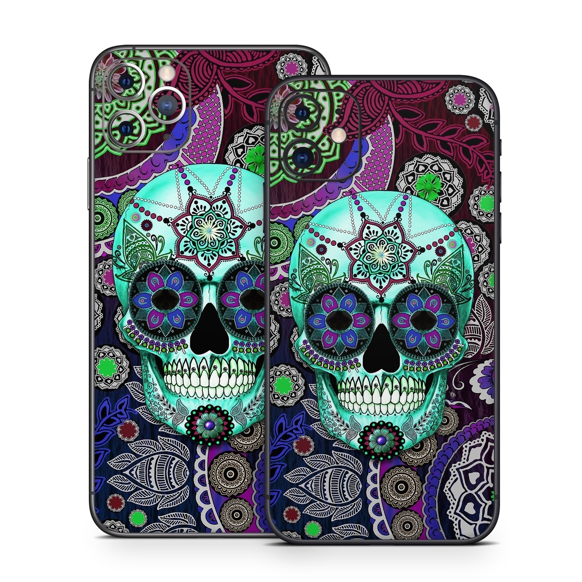iPhone 11 Series Skin design of Psychedelic art, Pattern, Skull, Purple, Bone, Violet, Design, Visual arts, Art, Magenta, with blue, green, purple, red, green, pink colors