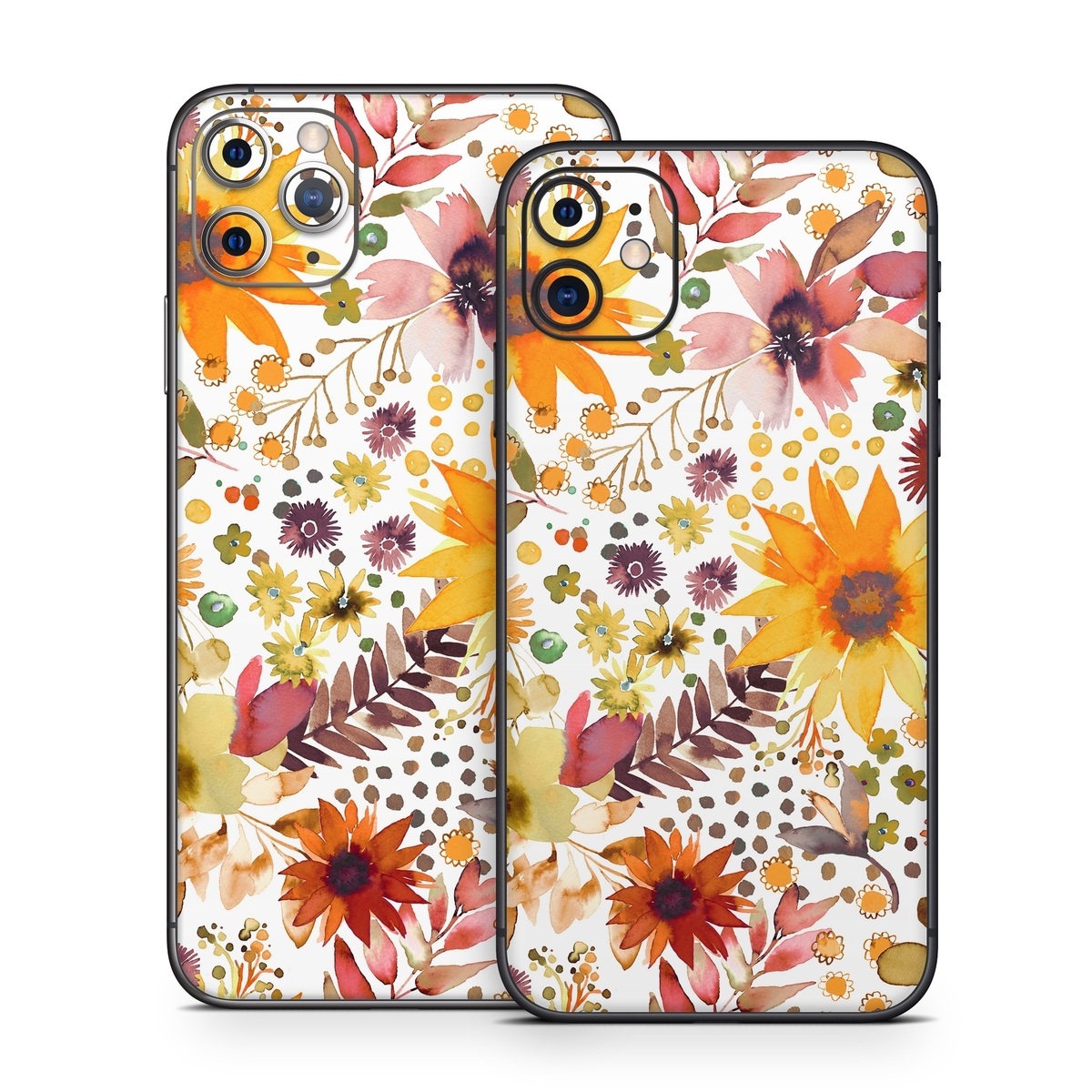 iPhone 11 Series Skin design of Flower, Plant, Petal, Botany, Textile, Orange, Line, Groundcover, Creative arts, Flowering plant, with white, yellow, pink, green, brown, orange colors