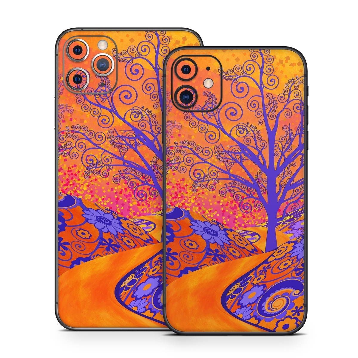 iPhone 11 Series Skin design of Blue, Orange, Art, Acrylic paint, Modern art, Pattern, Visual arts, Painting, Majorelle blue, Psychedelic art, with orange, yellow, red, purple colors