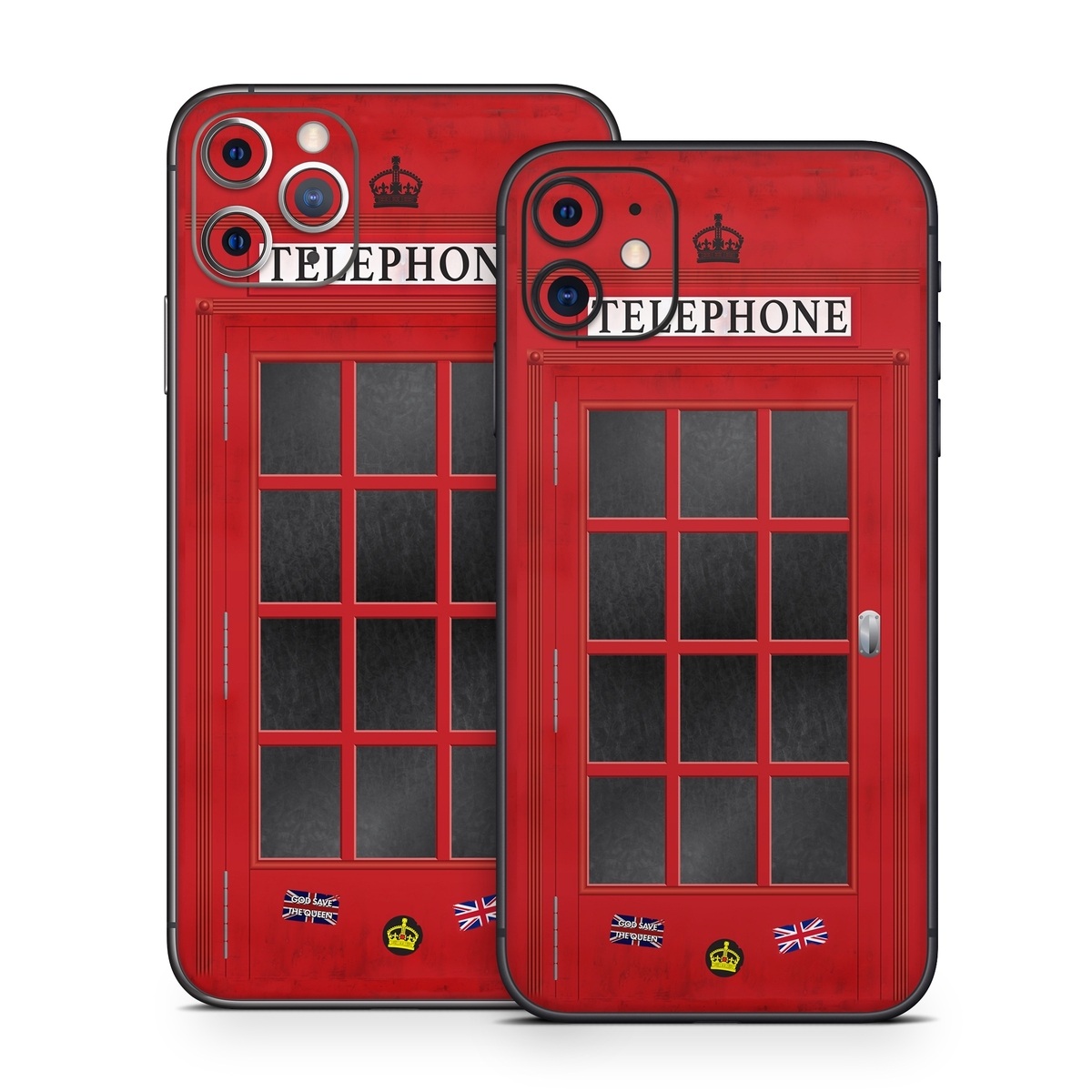 iPhone 11 Series Skin design of Red, Font, Building, Telephone Booth, Facade, with red, black, gray, white, blue, yellow colors