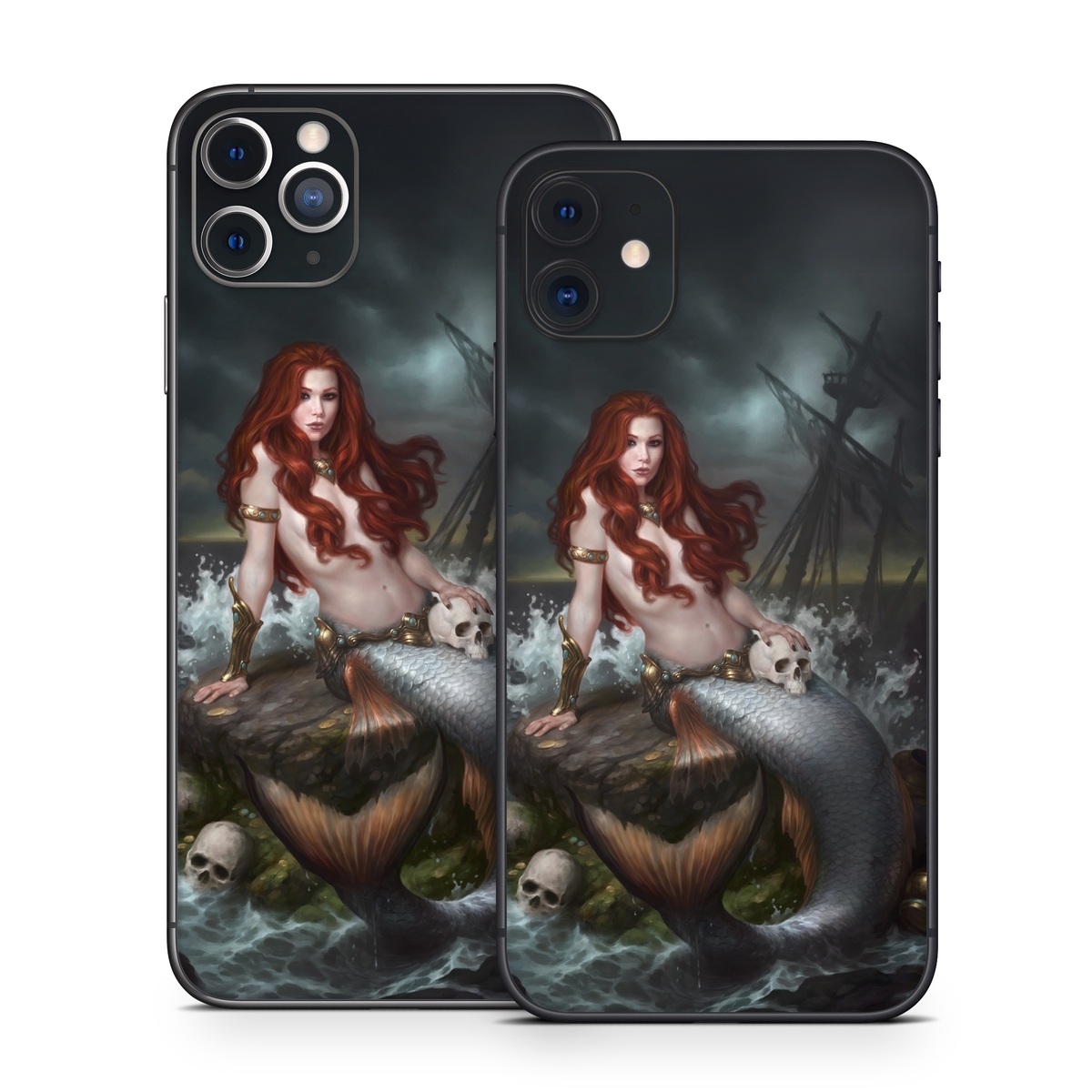 iPhone 11 Series Skin design of Mermaid, Cg artwork, Illustration, Fictional character, Mythology, Mythical creature, Art, Long hair, Woman warrior, Sitting, with black, brown, red, yellow, white, gray colors