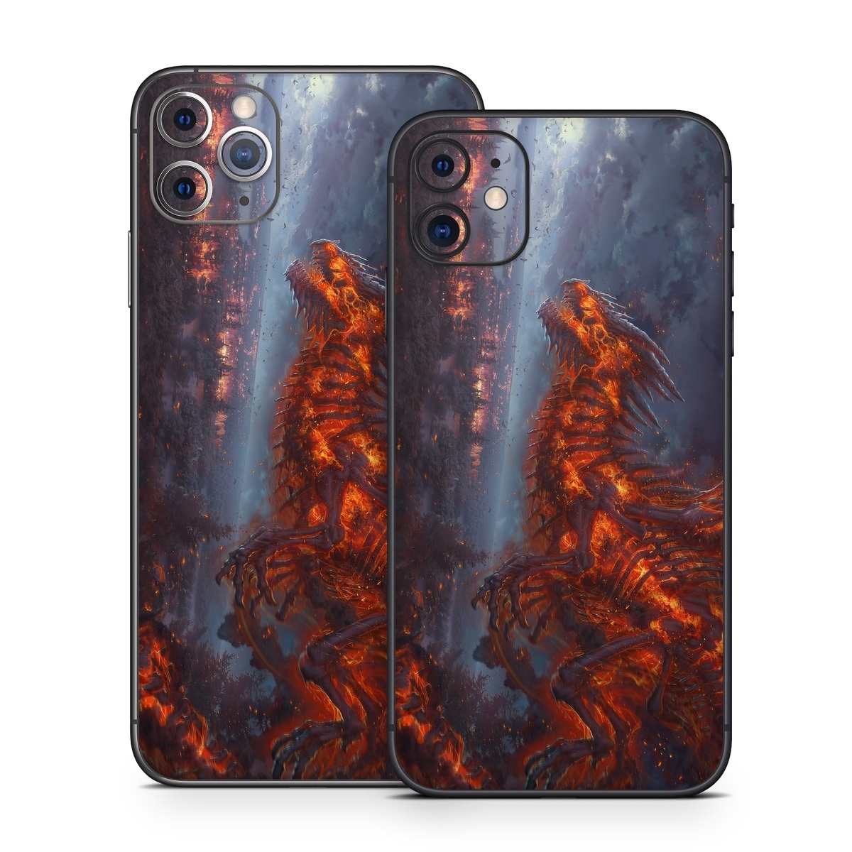 iPhone 11 Series Skin design of Geological phenomenon, Dragon, Cg artwork, Sky, Flame, Fictional character, Mythology, Lava, Demon, Heat, with red, blue, black colors