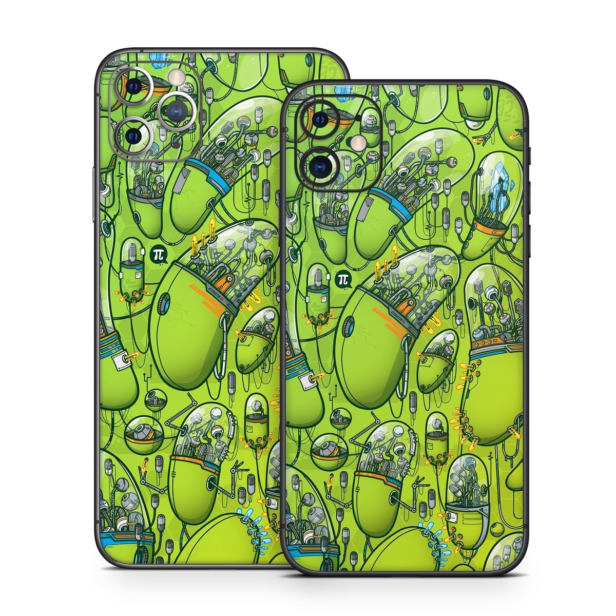 iPhone 11 Series Skin design of Green, Pattern, Yellow, Design, Illustration, Plant, Art, Graphic design, Urban design, with green, blue, gray, yellow, orange colors