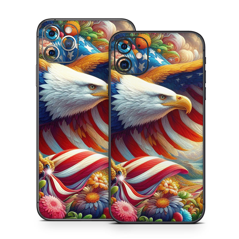iPhone 11 Series Skin design of Bird, Accipitridae, Beak, Wing, Bald eagle, Bird of prey, Eagle, Flag of the United States, Accipitriformes, Painting, with red, blue, white, yellow, orange, brown, green, gray colors