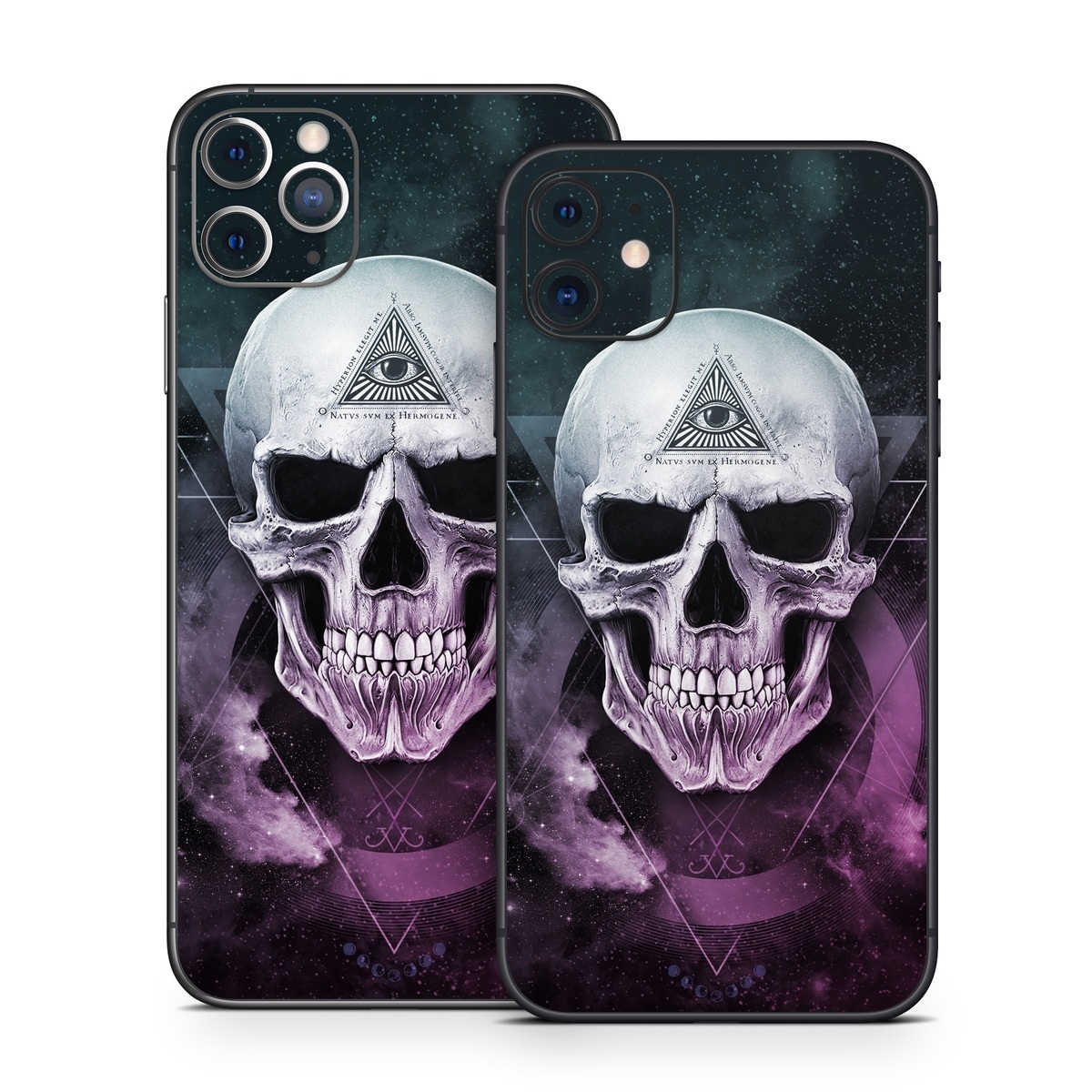 iPhone 11 Series Skin design of Skull, Bone, Illustration, Font, Jaw, Fictional character, Graphic design, Graphics, Art, with black, white, gray, purple colors