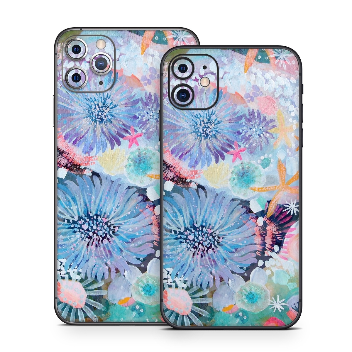 iPhone 11 Series Skin design of Pattern, Aqua, Textile, Design, Watercolor paint, Visual arts, Flower, Art, Plant, Illustration, with blue, orange, pink, purple, green, white colors