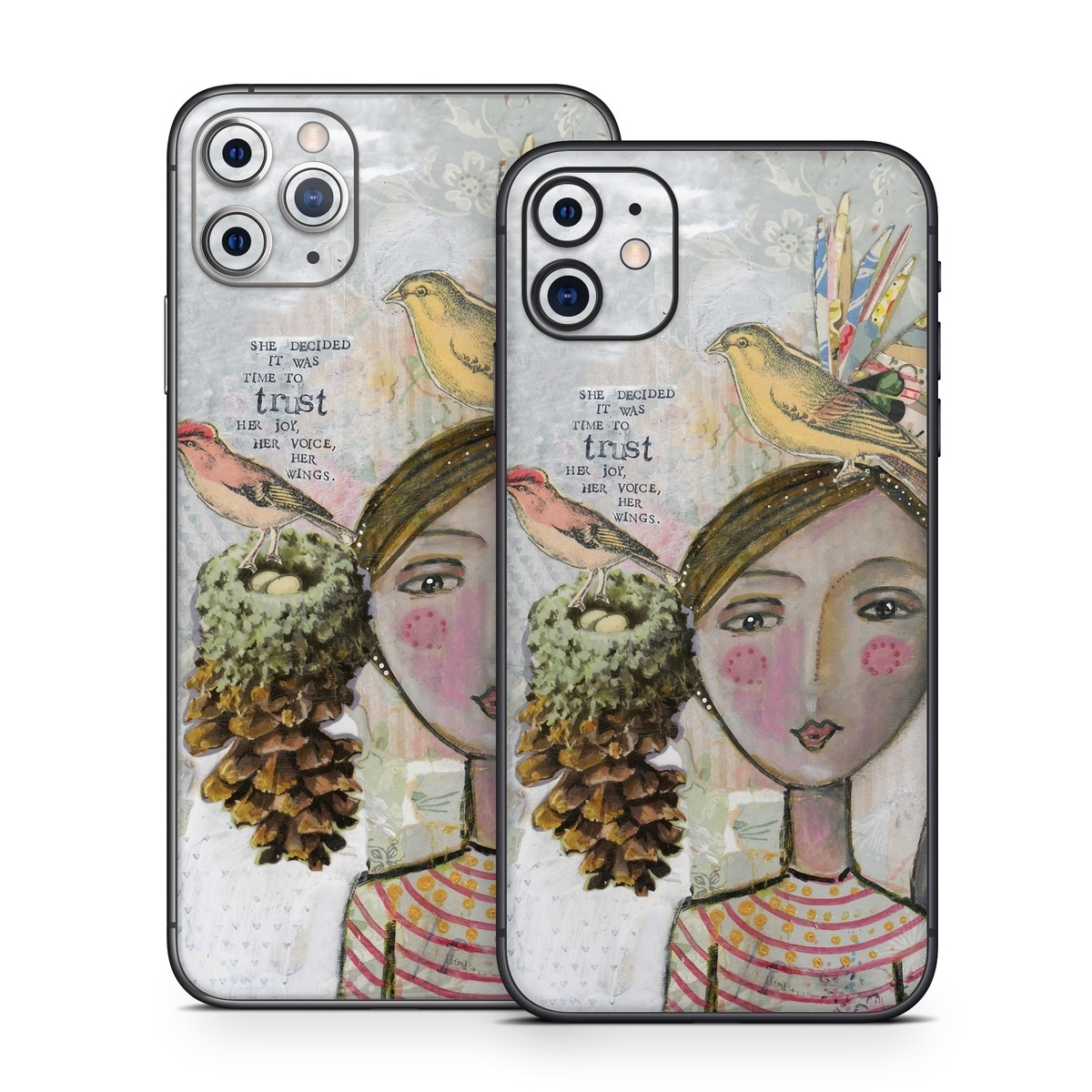 iPhone 11 Series Skin design of Watercolor paint, Illustration, Art, Painting, Child art, Fictional character, Visual arts, Fashion illustration, Feather, Drawing, with gray, brown, pink, yellow, red, green, blue colors