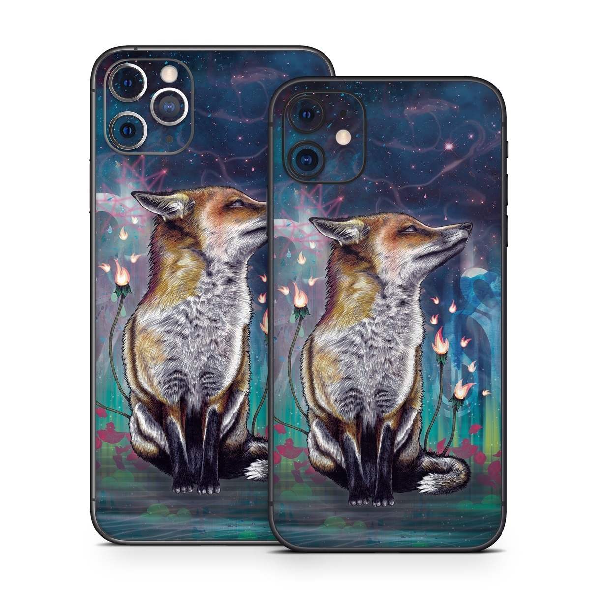 iPhone 11 Series Skin design of Red fox, Art, Wildlife, Canidae, Illustration, Fox, Carnivore, Painting, Dhole, Red wolf, with black, gray, blue, red, green colors