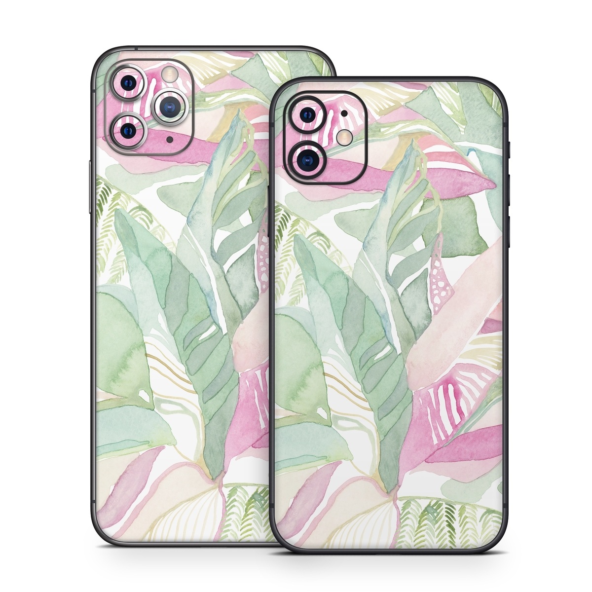 iPhone 11 Series Skin design of Pink, Leaf, Botany, Pattern, Plant, Flower, Illustration, with white, green, pink, orange colors