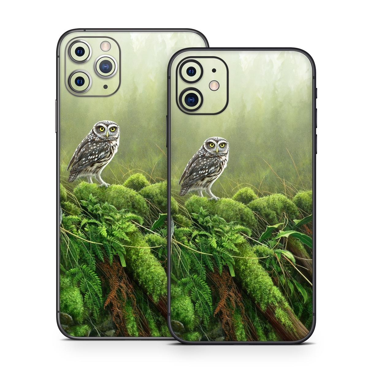 iPhone 11 Series Skin design of Nature, Owl, Bird, Bird of prey, great grey owl, Adaptation, Terrestrial plant, Wildlife, Plant, Organism, with brown, gray, green, white colors