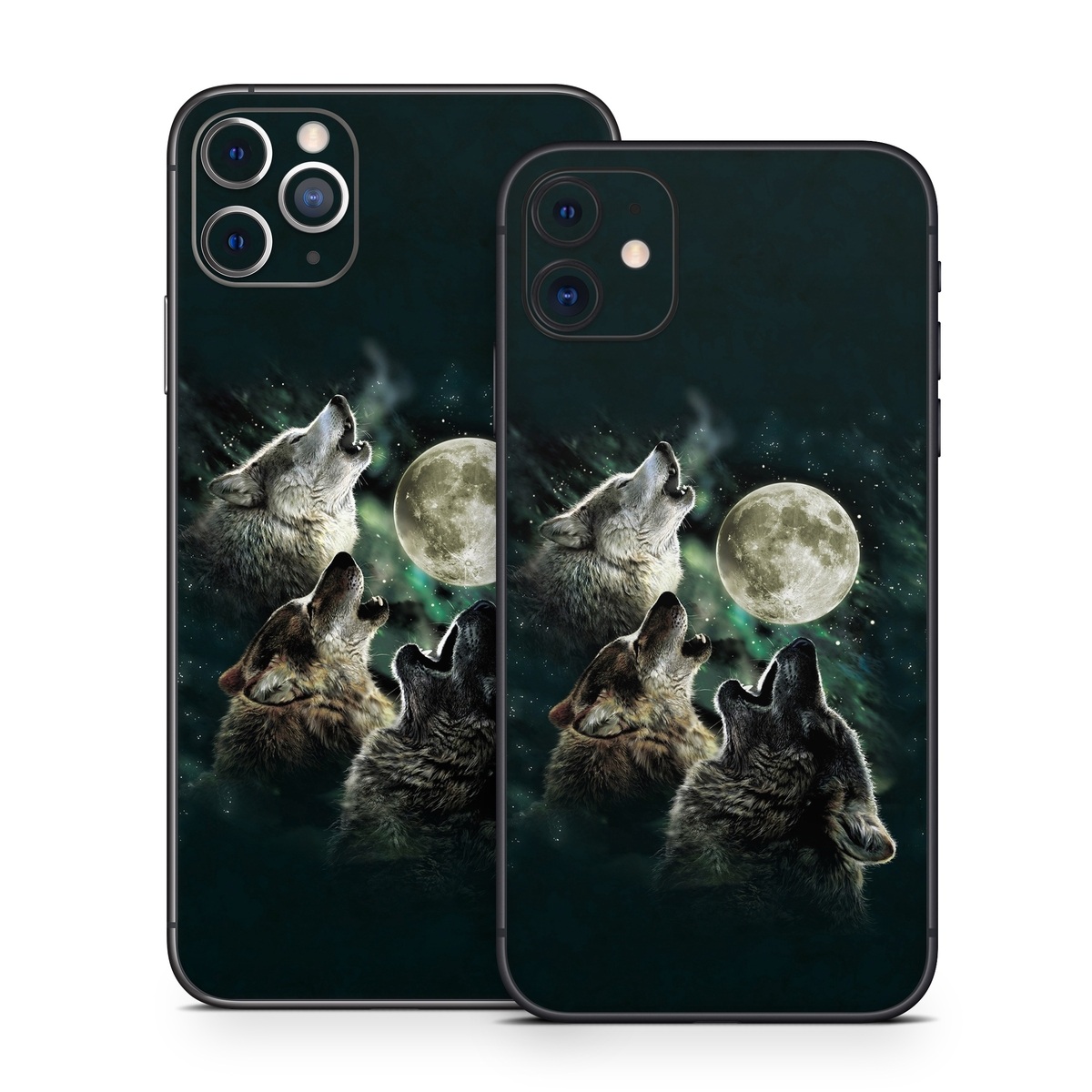 iPhone 11 Series Skin design of Wolf, Light, Astronomical object, Moon, Wildlife, Organism, Moonlight, Sky, Atmosphere, Celestial event, with black, gray, green colors