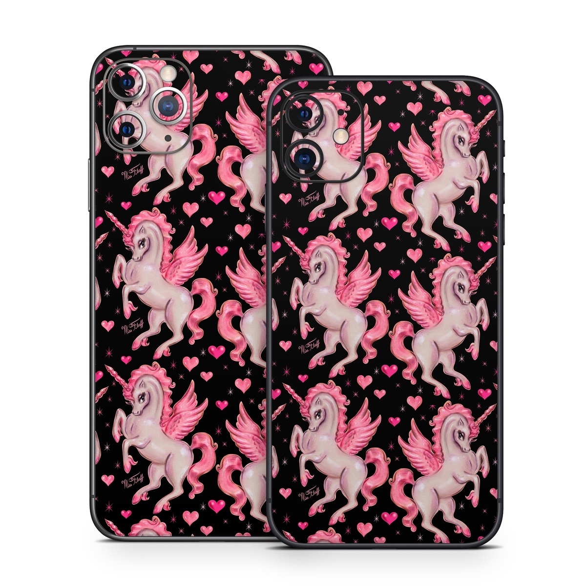 iPhone 11 Series Skin design of Pink, Pattern, Fictional character, Design, Illustration, Font, Unicorn, Graphic design, Mythical creature, Art, with black, pink colors