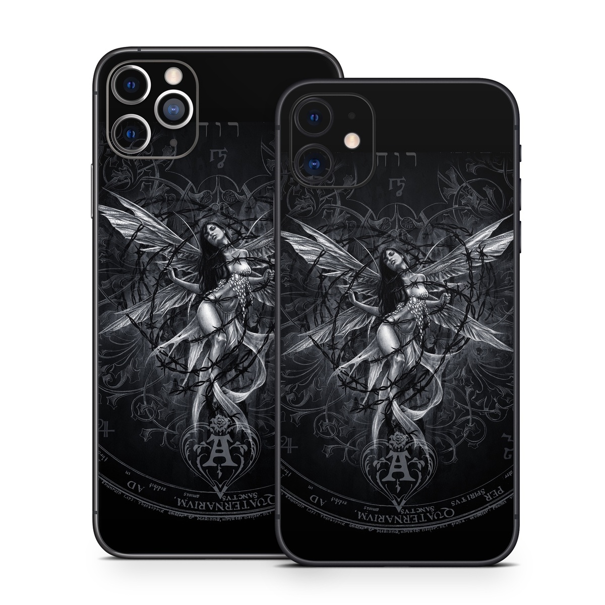 iPhone 11 Series Skin design of Illustration, Graphic design, Darkness, Fictional character, Black-and-white, Pattern, Graphics, Mythical creature, Circle, Wing, with black, white colors