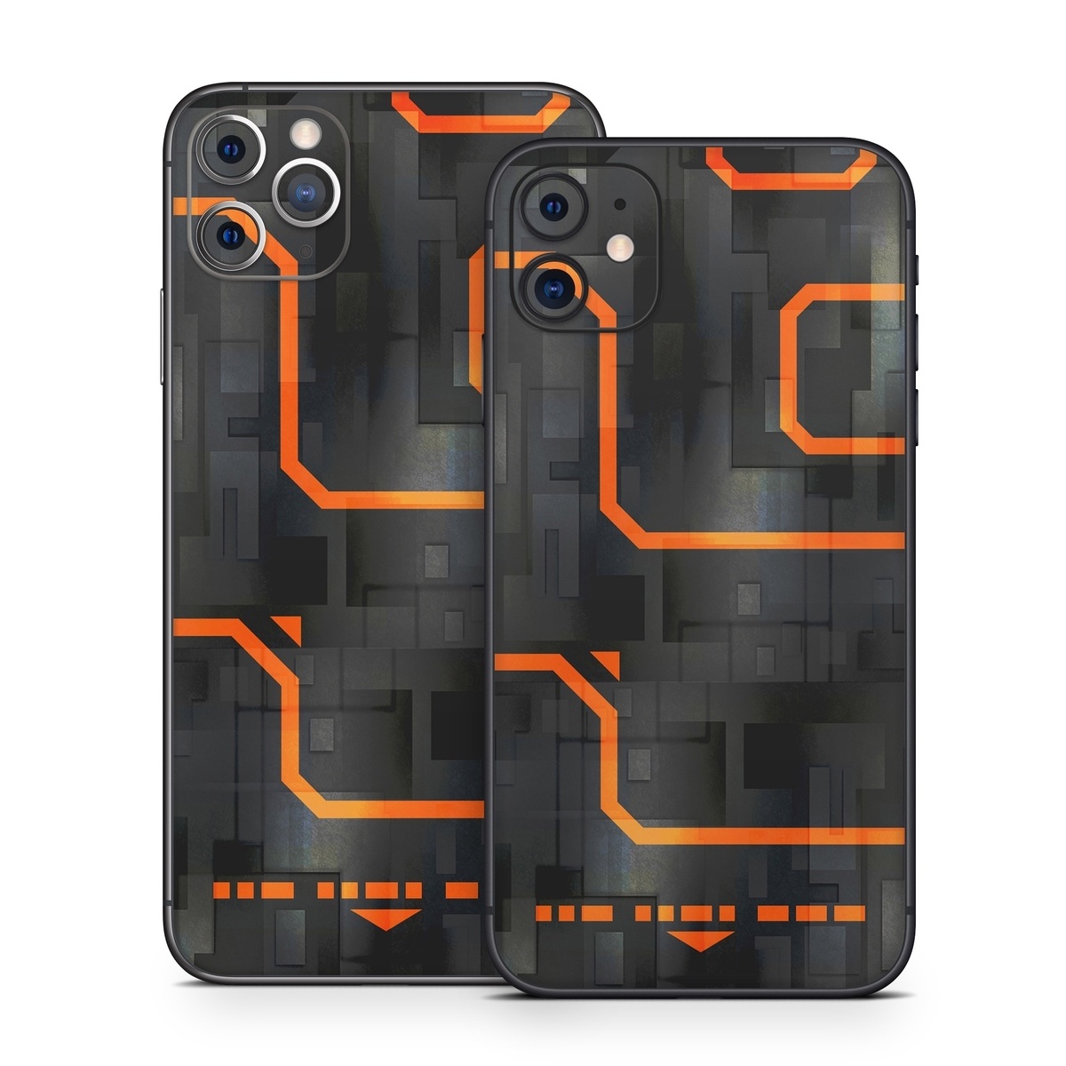 iPhone 11 Series Skin design of Orange, Font, Parallel, Pattern, Graphics, Rectangle, Logo, Brand, Graphic design, Event, with black, orange colors