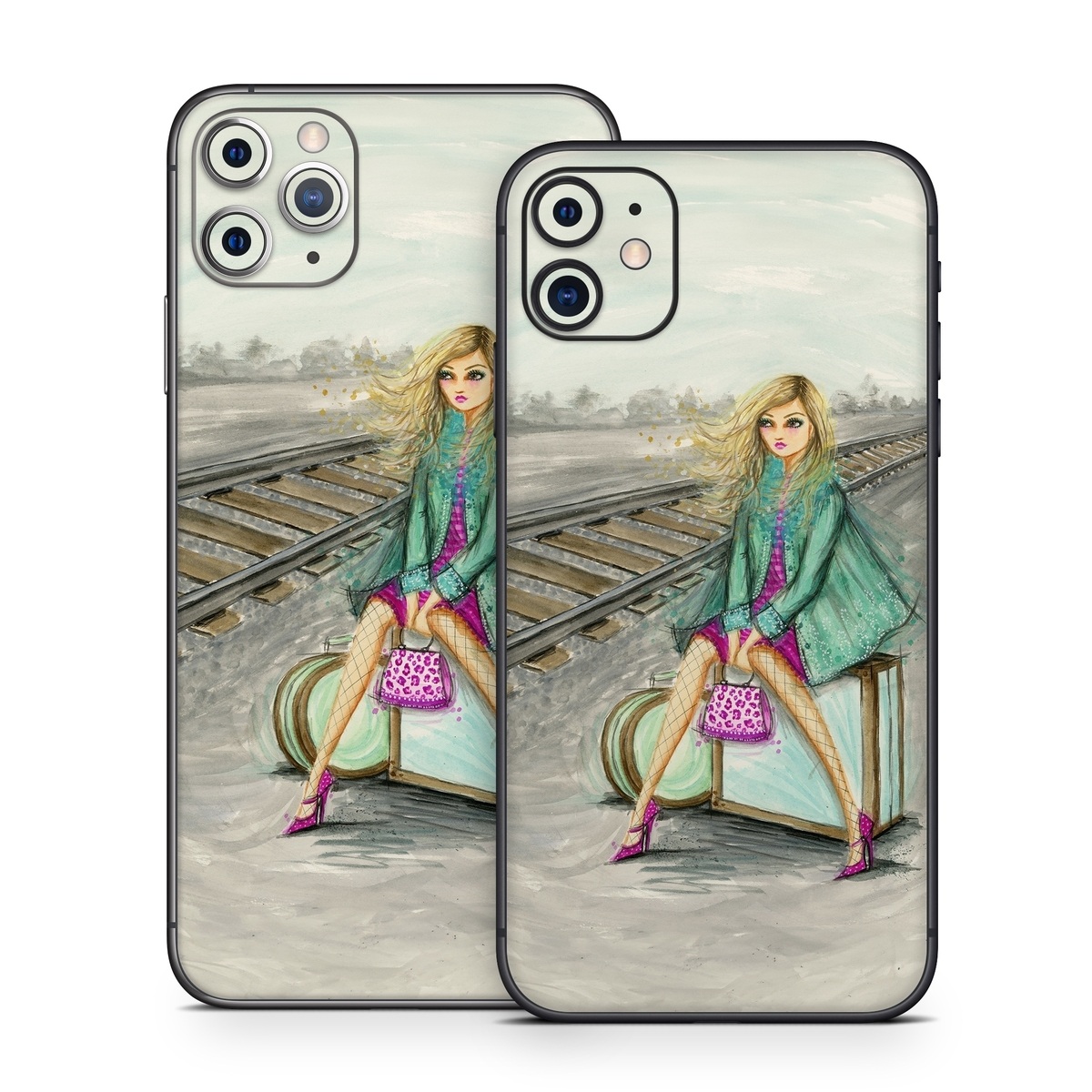 iPhone 11 Series Skin design of Fashion illustration, Pink, Illustration, Fashion, Watercolor paint, Art, Magenta, Fashion design, Sitting, Drawing, with gray, green, pink, white, yellow, purple, blue colors