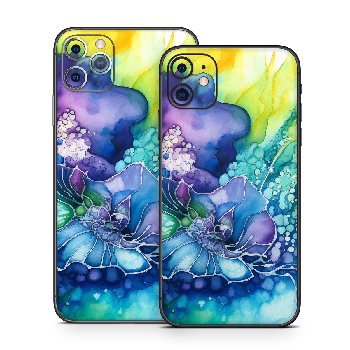 iPhone 11 Series Skin design of Flower, Plant, Art paint, Petal, Blue, Azure, Purple, Art, Paint, Painting, with blue, yellow, green, purple, white, orange colors