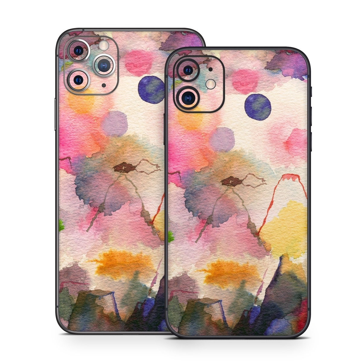 iPhone 11 Series Skin design of Watercolor paint, Flower, Textile, Painting, Art, Plant, Pattern, Visual arts, Floral design, Paint, with white, pink, red, yellow, green, blue, black, orange colors
