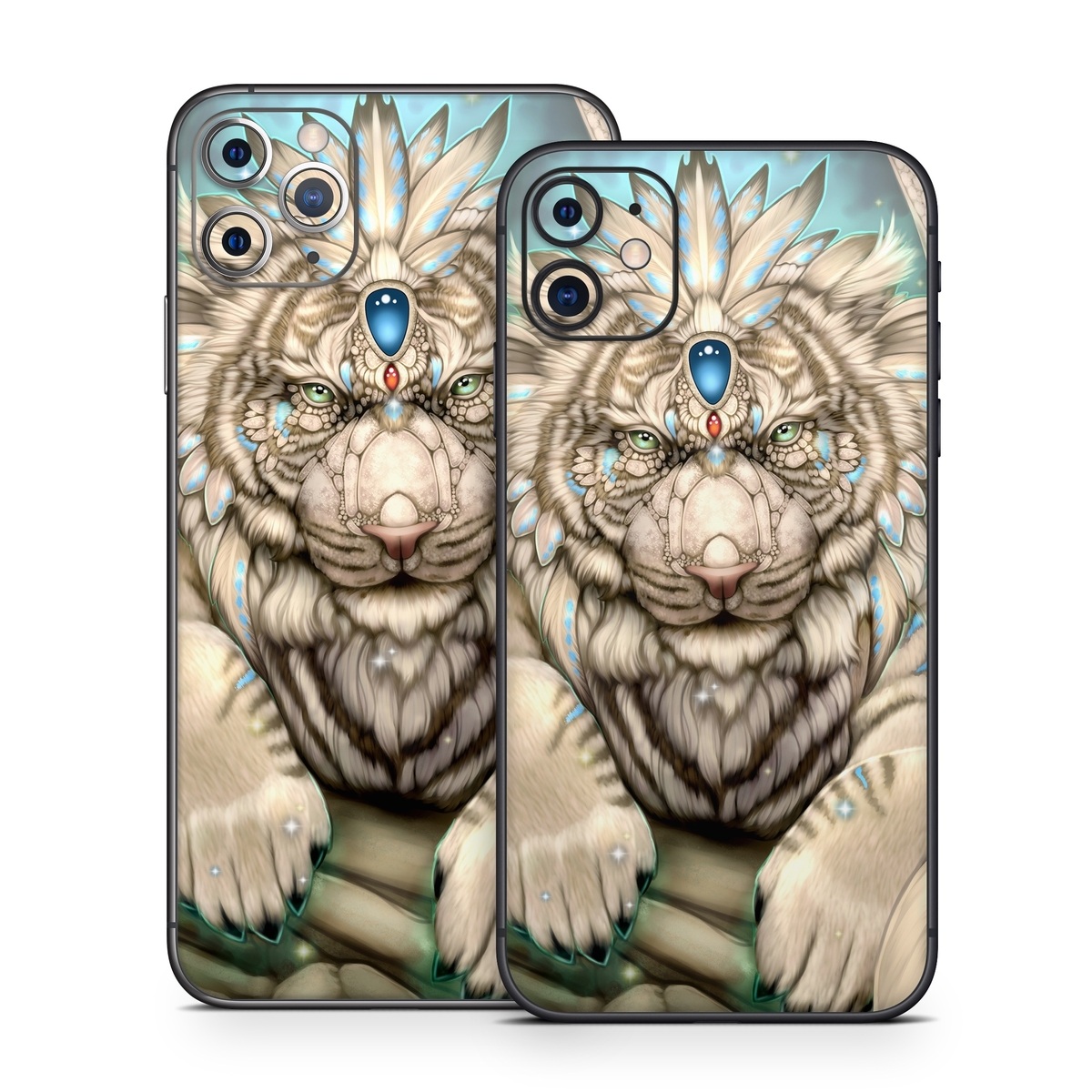 iPhone 11 Series Skin design of Mythical creature, Sleeve, Textile, Gesture, Felidae, Tattoo, Big cats, Font, Temporary tattoo, Painting, with white, blue, black, gray colors