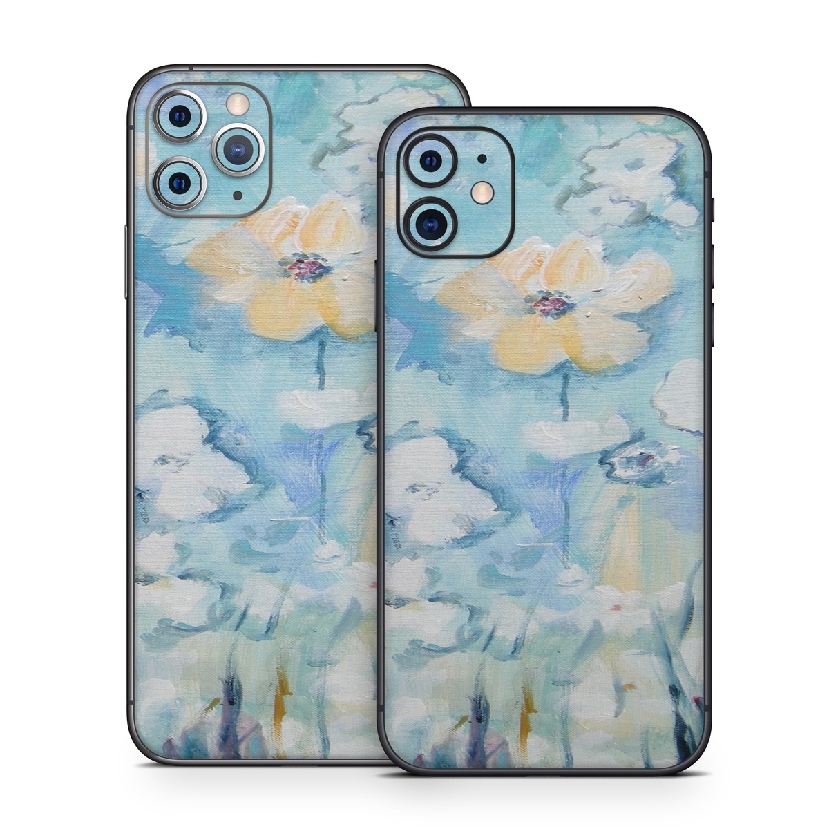 iPhone 11 Series Skin design of Blue, Watercolor paint, Painting, Flower, Plant, Art, Acrylic paint, Wildflower, Visual arts, Floral design, with gray, blue colors