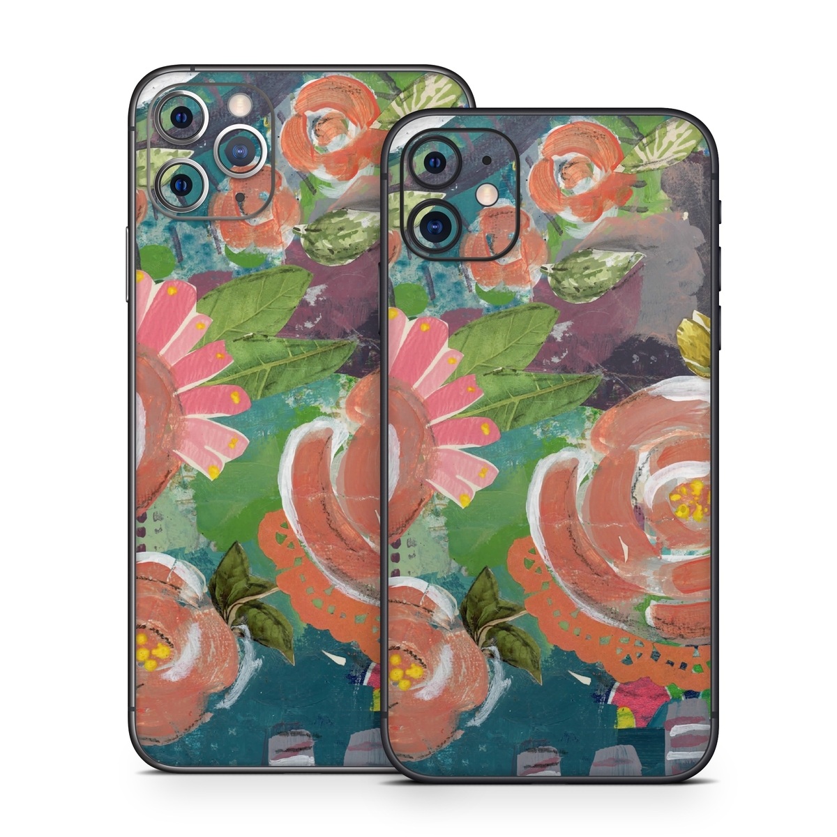 iPhone 11 Series Skin design of Painting, Watercolor paint, Still life, Child art, Art, Illustration, Acrylic paint, Flower, Visual arts, Textile, with green, pink, red, yellow, blue, white, black, gray colors