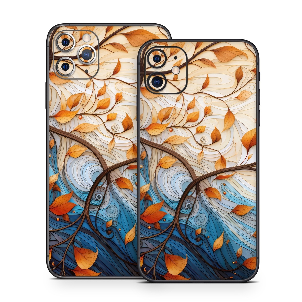 iPhone 11 Series Skin design of Dishware, Orange, Textile, Sleeve, Serveware, Petal, Pattern, Porcelain, Electric blue, Art, with yellow, orange, red, white, blue, brown colors